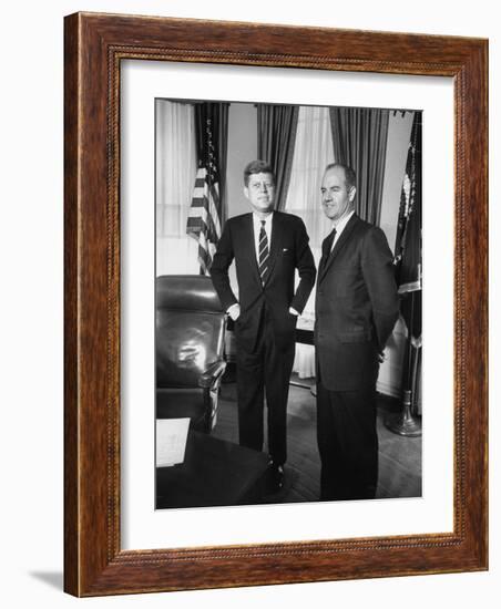 Head of 'Food for Peace' Program George S. Mcgovern with Pres. John F. Kennedy at White House-null-Framed Photographic Print