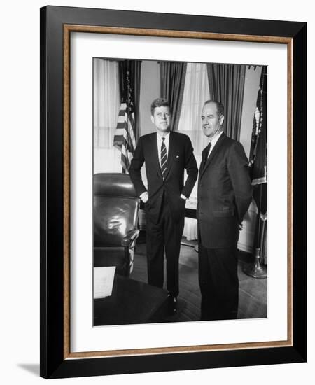 Head of 'Food for Peace' Program George S. Mcgovern with Pres. John F. Kennedy at White House-null-Framed Photographic Print