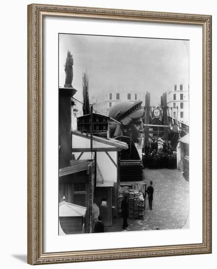 Head of Statue of Liberty near Scaffolding-null-Framed Photographic Print