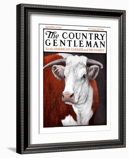 "Head of Steer," Country Gentleman Cover, September 22, 1923-Charles Bull-Framed Giclee Print