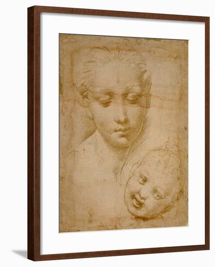 Heads of the Virgin and Child, 1508-1510, Silverpoint on Orange-Pink Paper-Raphael-Framed Giclee Print