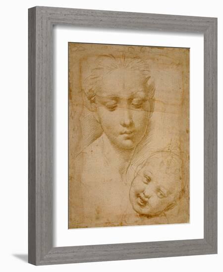 Heads of the Virgin and Child, 1508-1510, Silverpoint on Orange-Pink Paper-Raphael-Framed Giclee Print