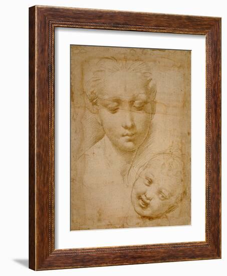 Heads of the Virgin and Child, 1508-1510, Silverpoint on Orange-Pink Paper-Raphael-Framed Giclee Print