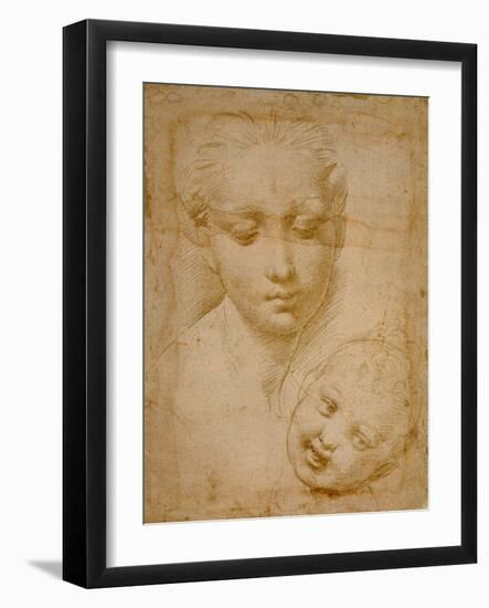 Heads of the Virgin and Child, 1508-1510, Silverpoint on Orange-Pink Paper-Raphael-Framed Giclee Print