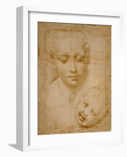 Heads of the Virgin and Child, 1508-1510, Silverpoint on Orange-Pink Paper-Raphael-Framed Giclee Print