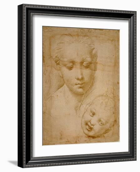 Heads of the Virgin and Child, 1508-1510, Silverpoint on Orange-Pink Paper-Raphael-Framed Giclee Print