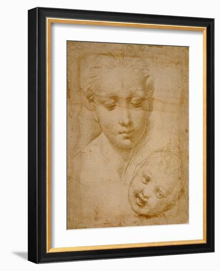 Heads of the Virgin and Child, 1508-1510, Silverpoint on Orange-Pink Paper-Raphael-Framed Giclee Print