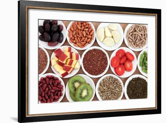 Health Food Ingredients In White Porcelain Bowls Over Papyrus Background-marilyna-Framed Art Print