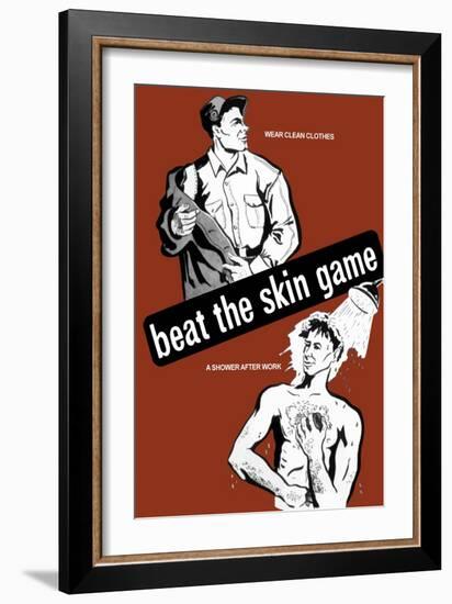 Health Propaganda Poster of a Worker Dressing in Clean Clothes and a Man Showering-null-Framed Art Print