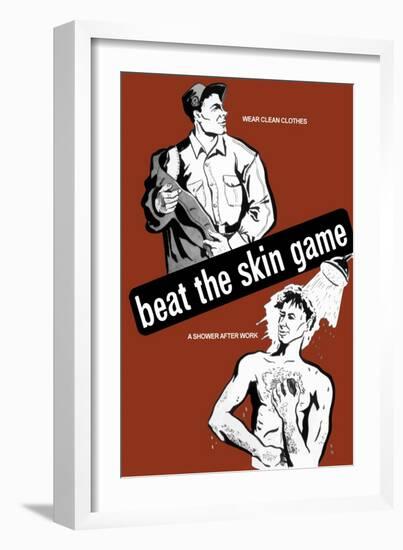 Health Propaganda Poster of a Worker Dressing in Clean Clothes and a Man Showering-null-Framed Art Print
