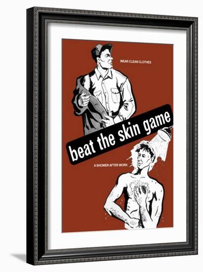 Health Propaganda Poster of a Worker Dressing in Clean Clothes and a Man Showering-null-Framed Art Print