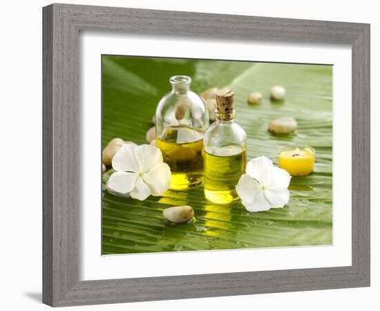 Health Spa with Massage Oil and White Flower ,Candle on Leaf-crystalfoto-Framed Photographic Print