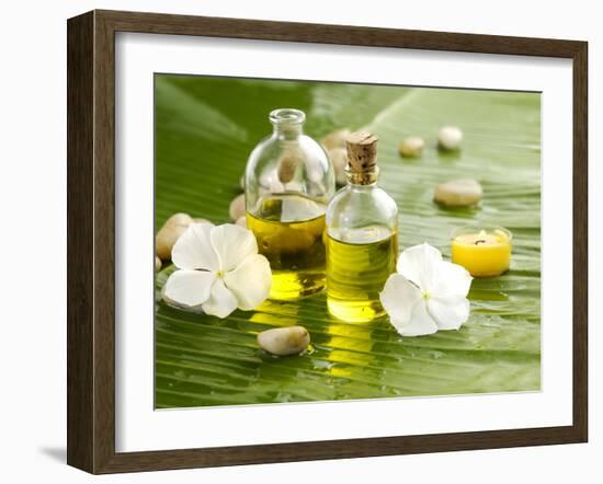 Health Spa with Massage Oil and White Flower ,Candle on Leaf-crystalfoto-Framed Photographic Print