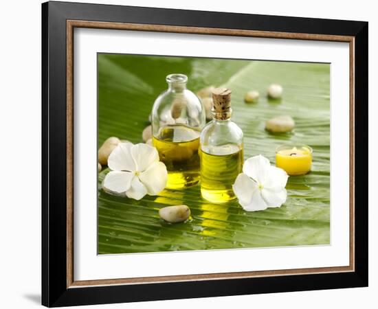 Health Spa with Massage Oil and White Flower ,Candle on Leaf-crystalfoto-Framed Photographic Print