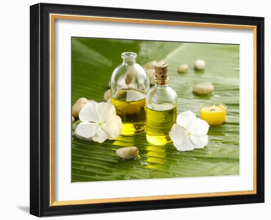 Health Spa with Massage Oil and White Flower ,Candle on Leaf-crystalfoto-Framed Photographic Print