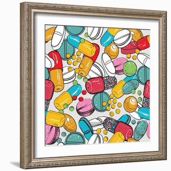 Healthcare Background with Dragee, Pilule, Pill, Caplet, Capsule, Tablet, Aspirin. Hand Drawing Vec-Sopelkin-Framed Premium Giclee Print