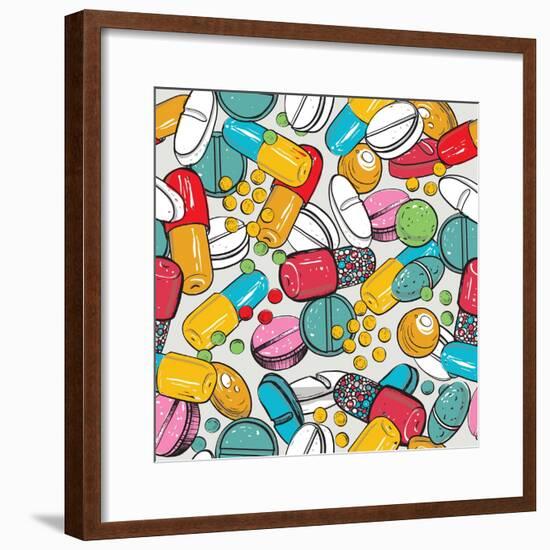 Healthcare Background with Dragee, Pilule, Pill, Caplet, Capsule, Tablet, Aspirin. Hand Drawing Vec-Sopelkin-Framed Premium Giclee Print