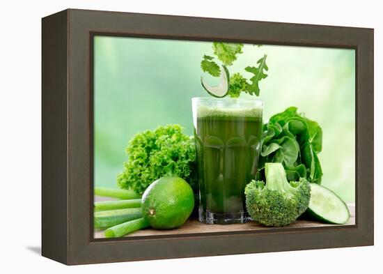 Healthy Green Vegetable Juice on Wooden Table-Kesu01-Framed Premier Image Canvas