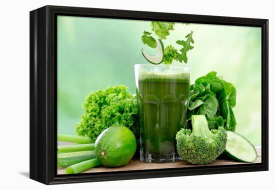 Healthy Green Vegetable Juice on Wooden Table-Kesu01-Framed Premier Image Canvas