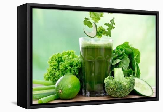 Healthy Green Vegetable Juice on Wooden Table-Kesu01-Framed Premier Image Canvas