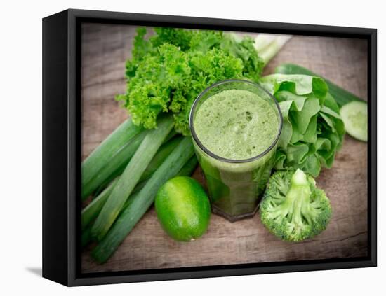 Healthy Green Vegetable Juice on Wooden Table-Kesu01-Framed Premier Image Canvas