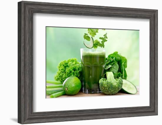 Healthy Green Vegetable Juice on Wooden Table-Kesu01-Framed Photographic Print