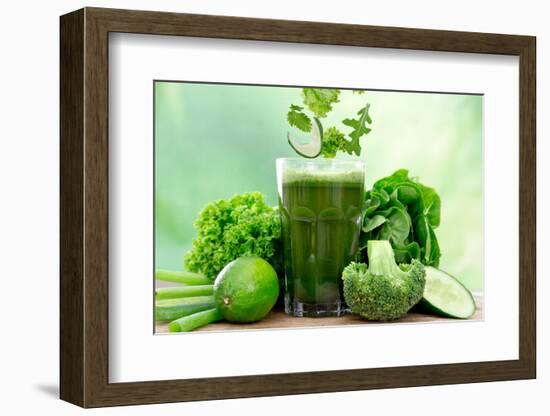 Healthy Green Vegetable Juice on Wooden Table-Kesu01-Framed Photographic Print