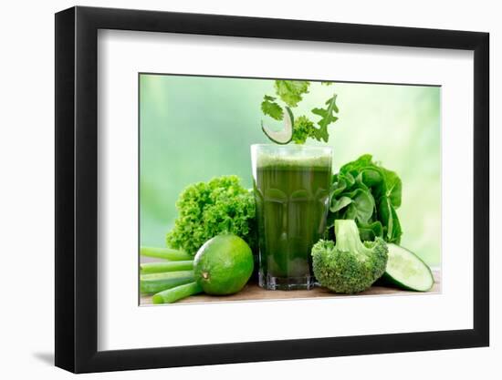 Healthy Green Vegetable Juice on Wooden Table-Kesu01-Framed Photographic Print