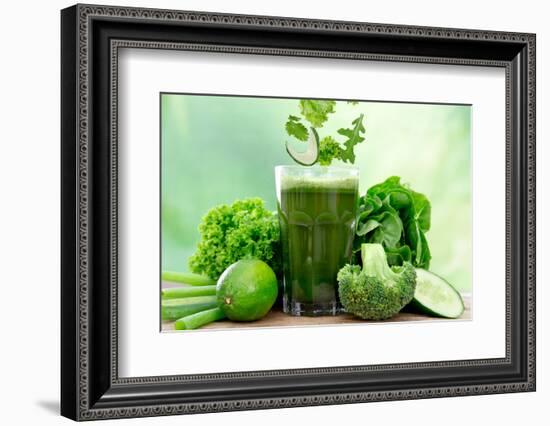 Healthy Green Vegetable Juice on Wooden Table-Kesu01-Framed Photographic Print