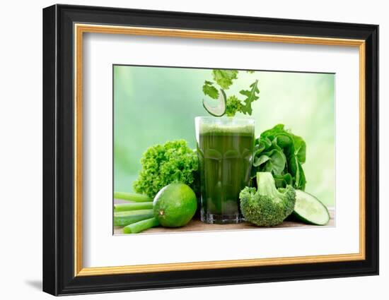 Healthy Green Vegetable Juice on Wooden Table-Kesu01-Framed Photographic Print