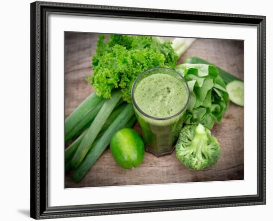 Healthy Green Vegetable Juice on Wooden Table-Kesu01-Framed Photographic Print