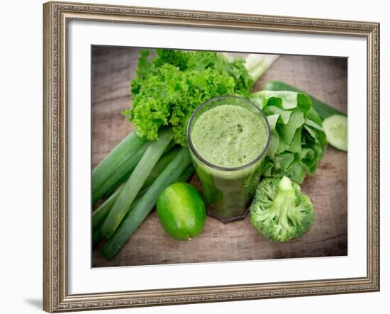 Healthy Green Vegetable Juice on Wooden Table-Kesu01-Framed Photographic Print