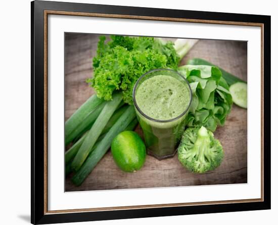 Healthy Green Vegetable Juice on Wooden Table-Kesu01-Framed Photographic Print