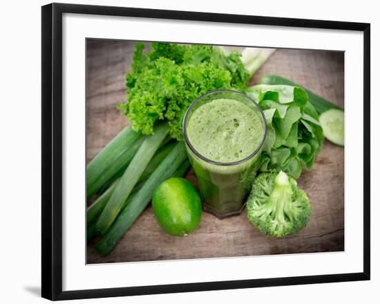 Healthy Green Vegetable Juice on Wooden Table-Kesu01-Framed Photographic Print