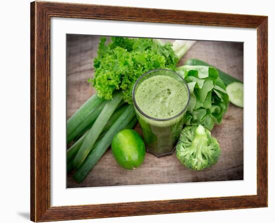 Healthy Green Vegetable Juice on Wooden Table-Kesu01-Framed Photographic Print