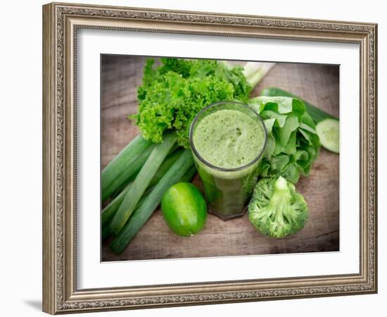 Healthy Green Vegetable Juice on Wooden Table-Kesu01-Framed Photographic Print