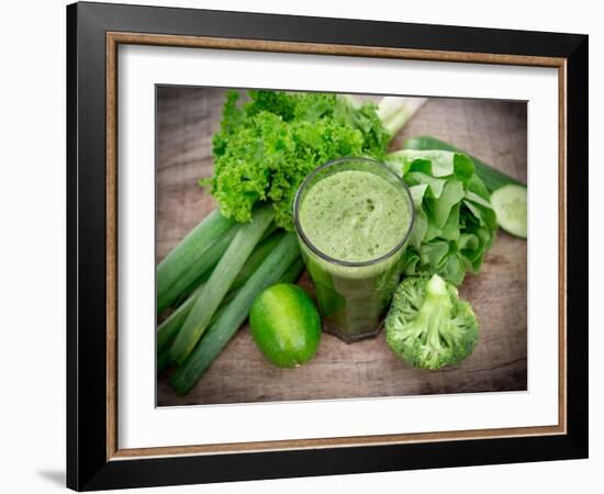 Healthy Green Vegetable Juice on Wooden Table-Kesu01-Framed Photographic Print