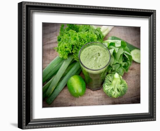 Healthy Green Vegetable Juice on Wooden Table-Kesu01-Framed Photographic Print