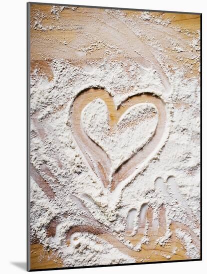 Heart Drawn in Flour on Wooden Background-null-Mounted Photographic Print