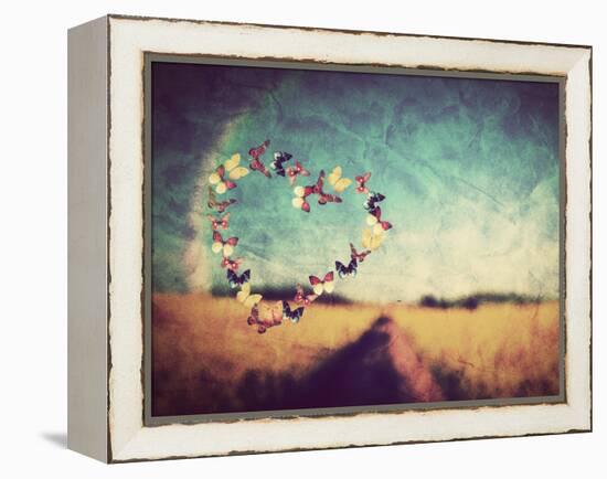 Heart Shape Made of Colorful Butterflies on Vintage Field Background. Love, Hope Concept.-Michal Bednarek-Framed Premier Image Canvas