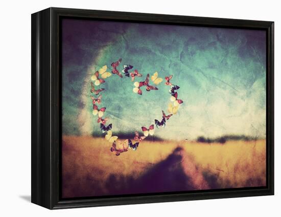 Heart Shape Made of Colorful Butterflies on Vintage Field Background. Love, Hope Concept.-Michal Bednarek-Framed Premier Image Canvas