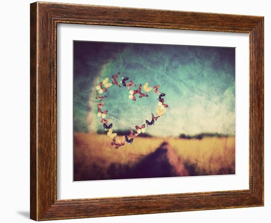 Heart Shape Made of Colorful Butterflies on Vintage Field Background. Love, Hope Concept.-Michal Bednarek-Framed Photographic Print