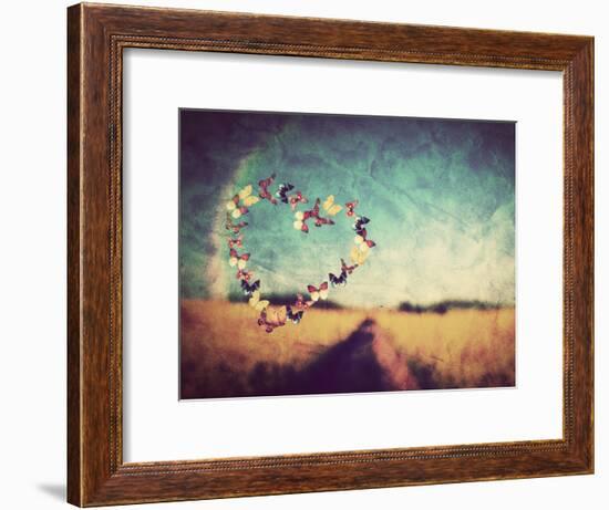 Heart Shape Made of Colorful Butterflies on Vintage Field Background. Love, Hope Concept.-Michal Bednarek-Framed Photographic Print