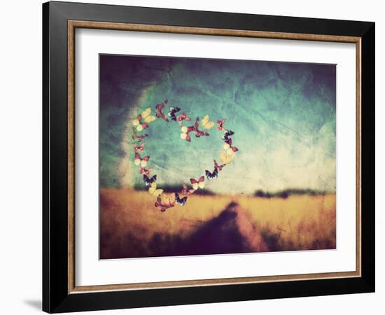 Heart Shape Made of Colorful Butterflies on Vintage Field Background. Love, Hope Concept.-Michal Bednarek-Framed Photographic Print