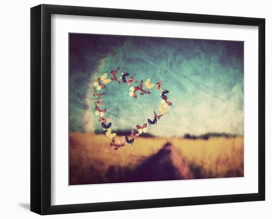 Heart Shape Made of Colorful Butterflies on Vintage Field Background. Love, Hope Concept.-Michal Bednarek-Framed Photographic Print