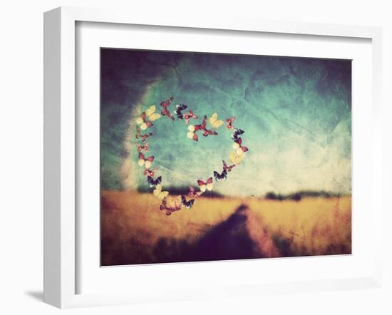 Heart Shape Made of Colorful Butterflies on Vintage Field Background. Love, Hope Concept.-Michal Bednarek-Framed Photographic Print