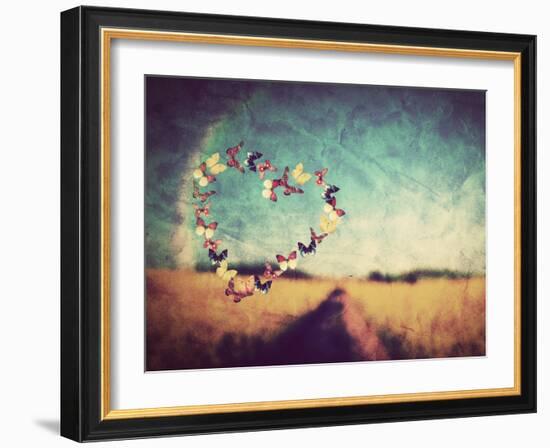 Heart Shape Made of Colorful Butterflies on Vintage Field Background. Love, Hope Concept.-Michal Bednarek-Framed Photographic Print