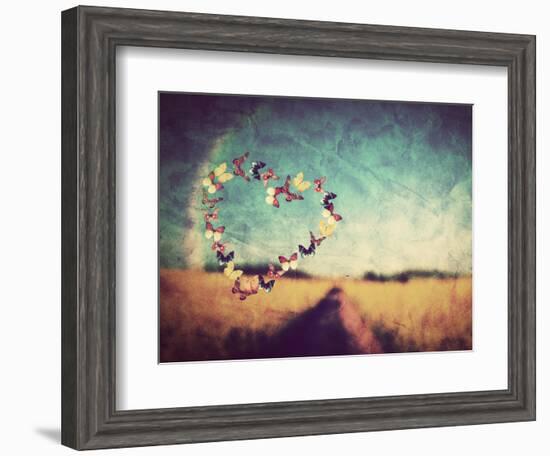 Heart Shape Made of Colorful Butterflies on Vintage Field Background. Love, Hope Concept.-Michal Bednarek-Framed Photographic Print