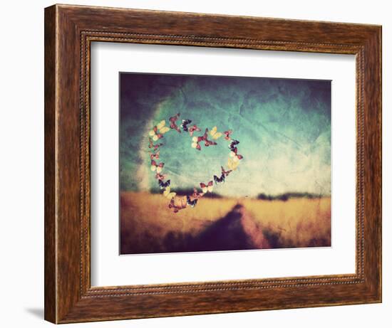 Heart Shape Made of Colorful Butterflies on Vintage Field Background. Love, Hope Concept.-Michal Bednarek-Framed Photographic Print