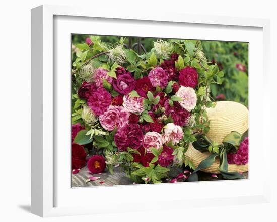 Heart Shaped Arrangement of Roses and Straw Hat-Elke Borkowski-Framed Photographic Print